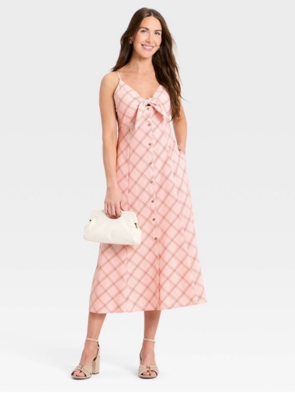 Plaid Button-Front Pink Dress with Bow Detail
